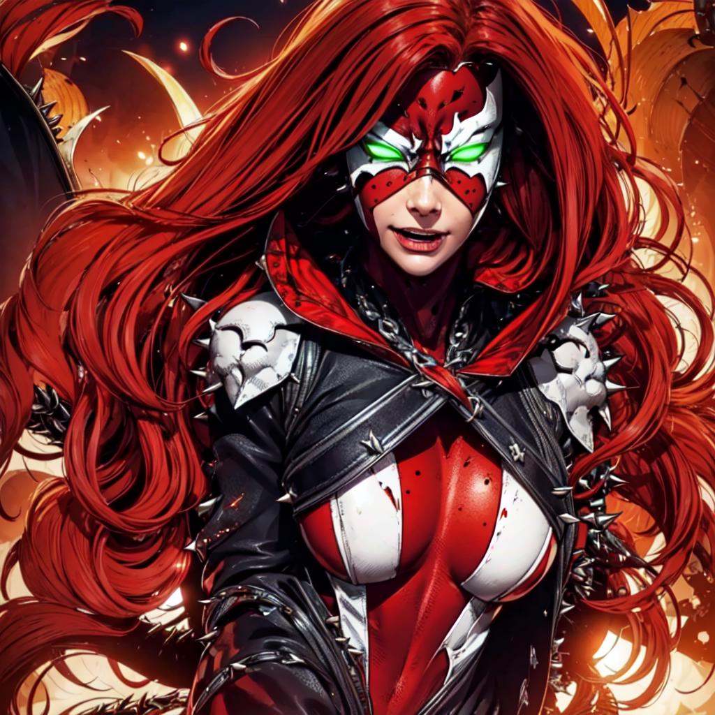 a woman standing in hell,  smiling,  portrait (SheSpawn with red hair in a red and white mask and costume and green glowin...