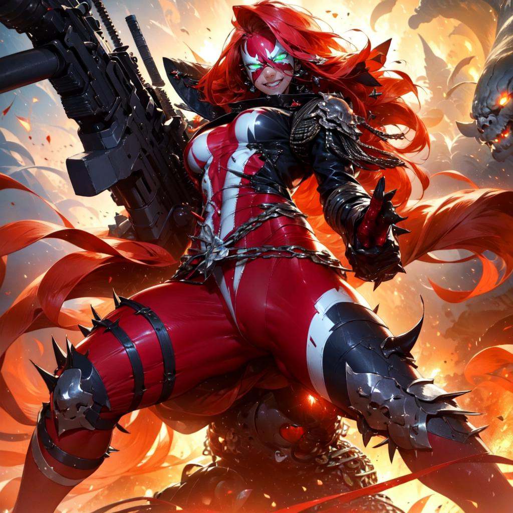 a woman standing in hell minigun ready,  smiling,  full body (SheSpawn with red hair in a red and white mask and costume a...