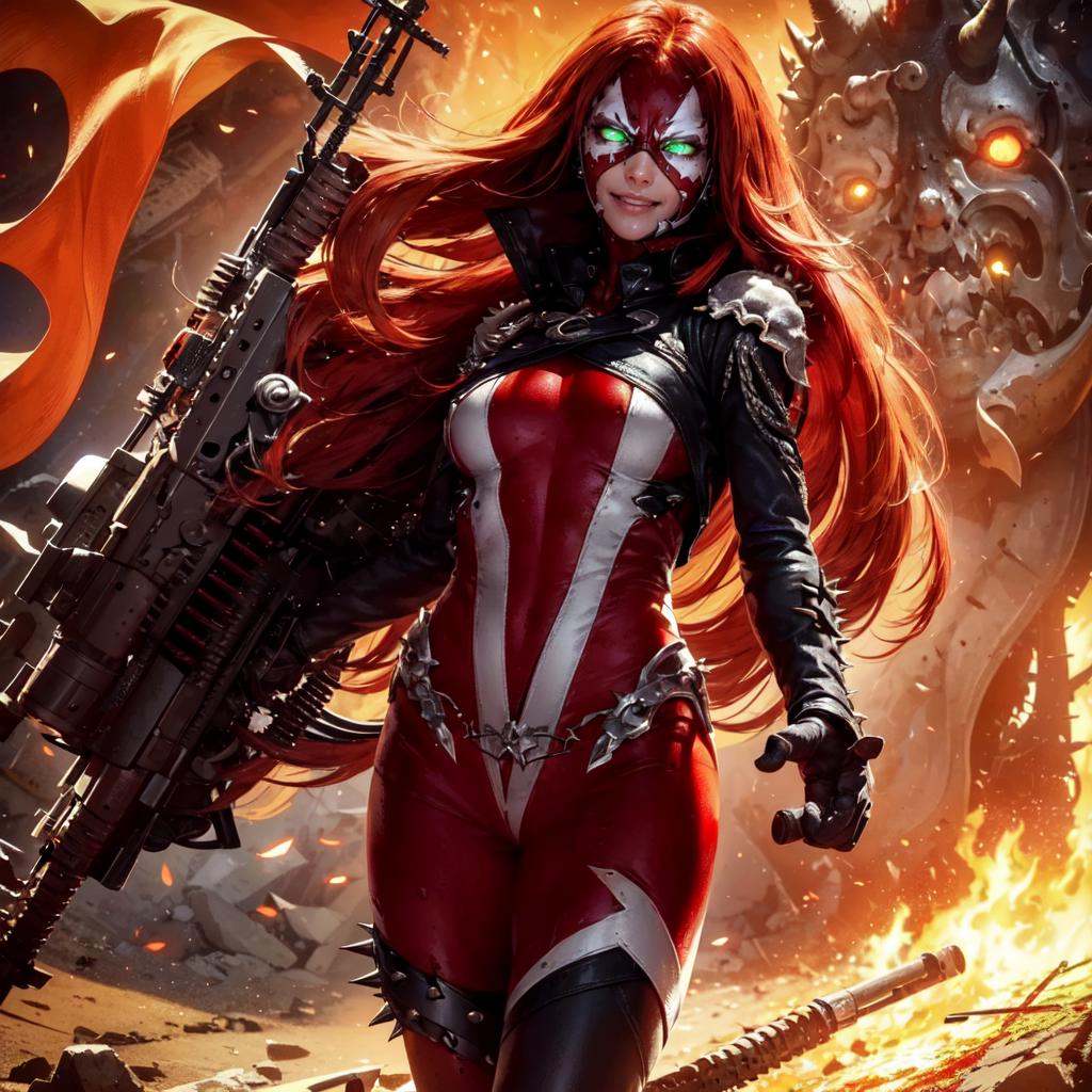 a woman burning with rage in hell guns blazing,  smiling,  full body (SheSpawn with red hair in a red and white mask and c...