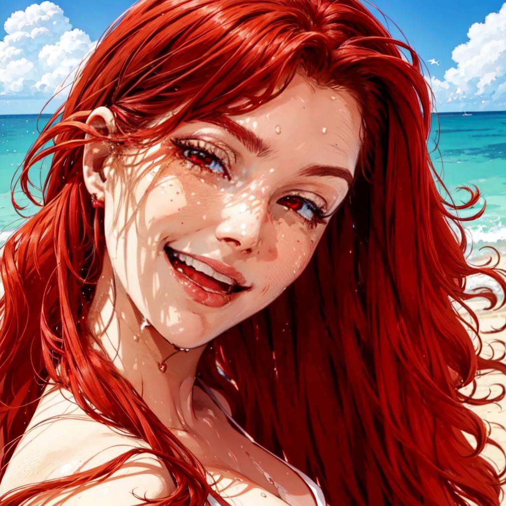 a woman standing on the beach in a red bikini,  smiling,  portrait (SheSpawn with red hair in a red and white ) on Tensor.Art