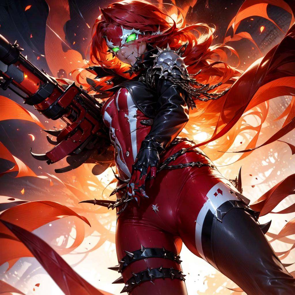 a woman standing in hell guns ready,  smiling,  portrait (SheSpawn with red hair in a red and white mask and costume and g...