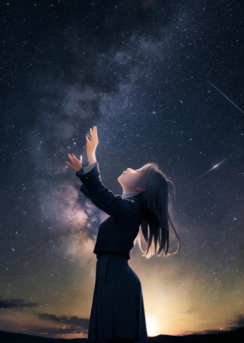 1girl, stars,looking up,night,ground,standing,  <lora:stars:0.8>