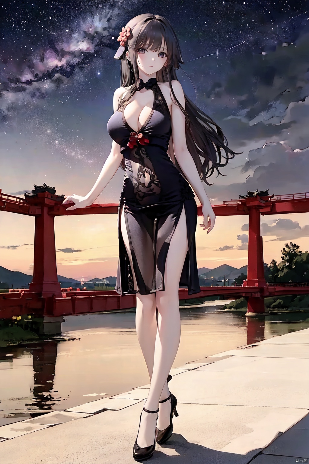  1girl, pale skin,black hair,long_hair,collarbone,outdoors,standing,qipao,big_breasts, stars,bridge,river,full_body, (\shen ming shao nv\), eastern dragon, tutututu,moyou