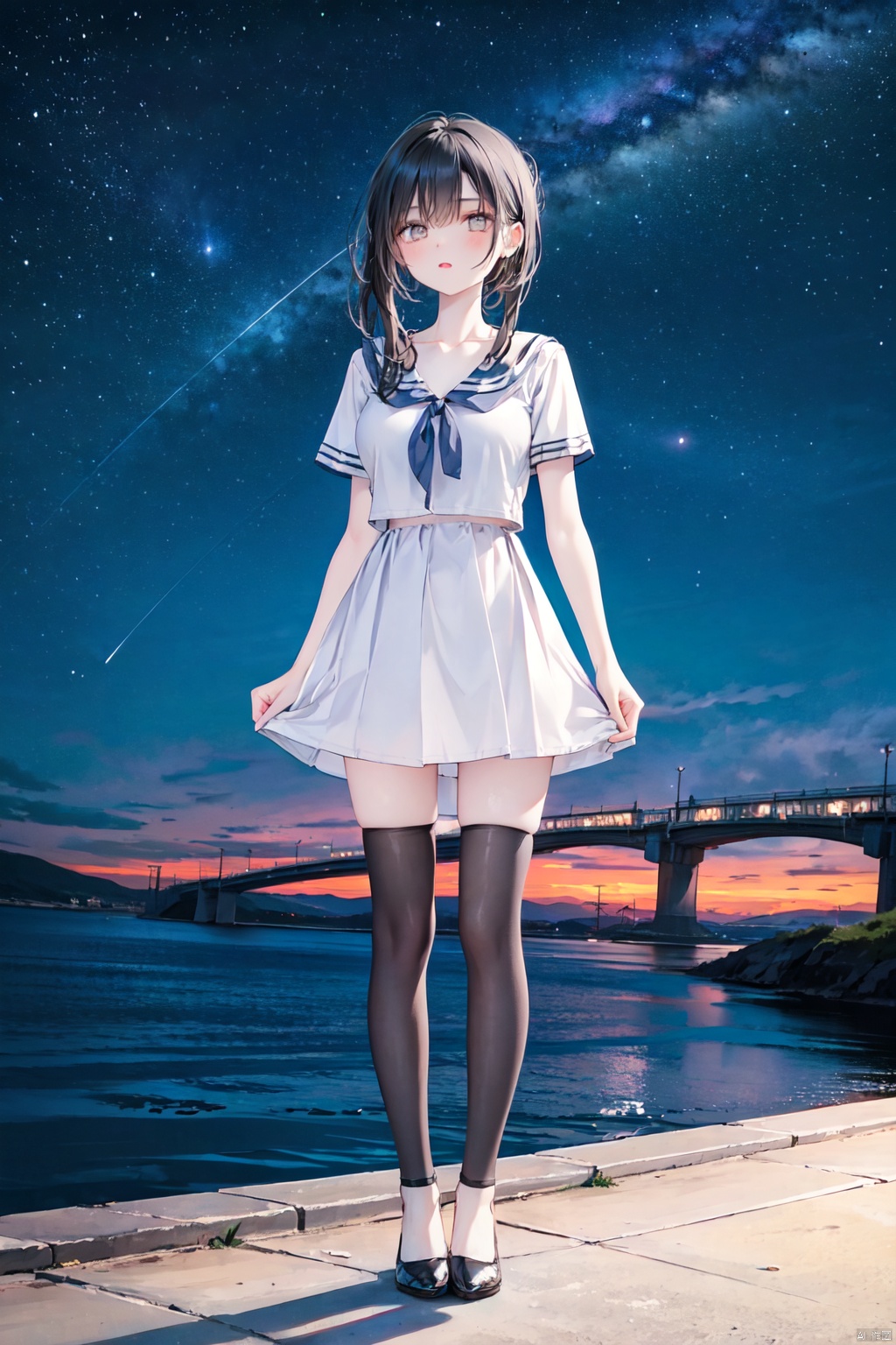  1girl, pale skin,black hair,long_hair,collarbone,outdoors,standing,big_breasts, stars,bridge,river,full_body, night,sky, vivid,colorful, minisailor