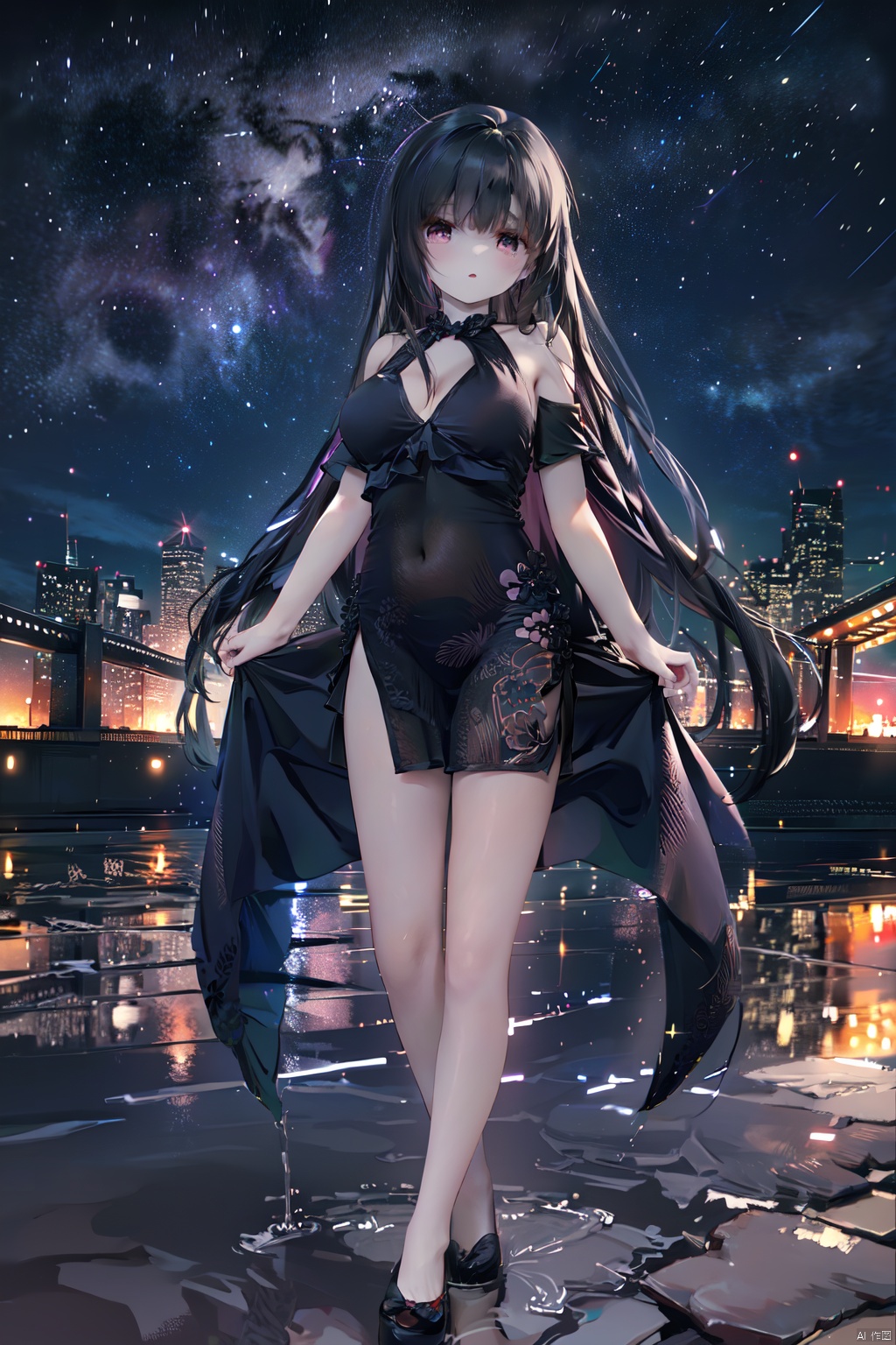  1girl, pale skin,black hair,long_hair,collarbone,outdoors,standing,qipao,big_breasts, stars,bridge,river,full_body, tutututu,moyou,night,sky,