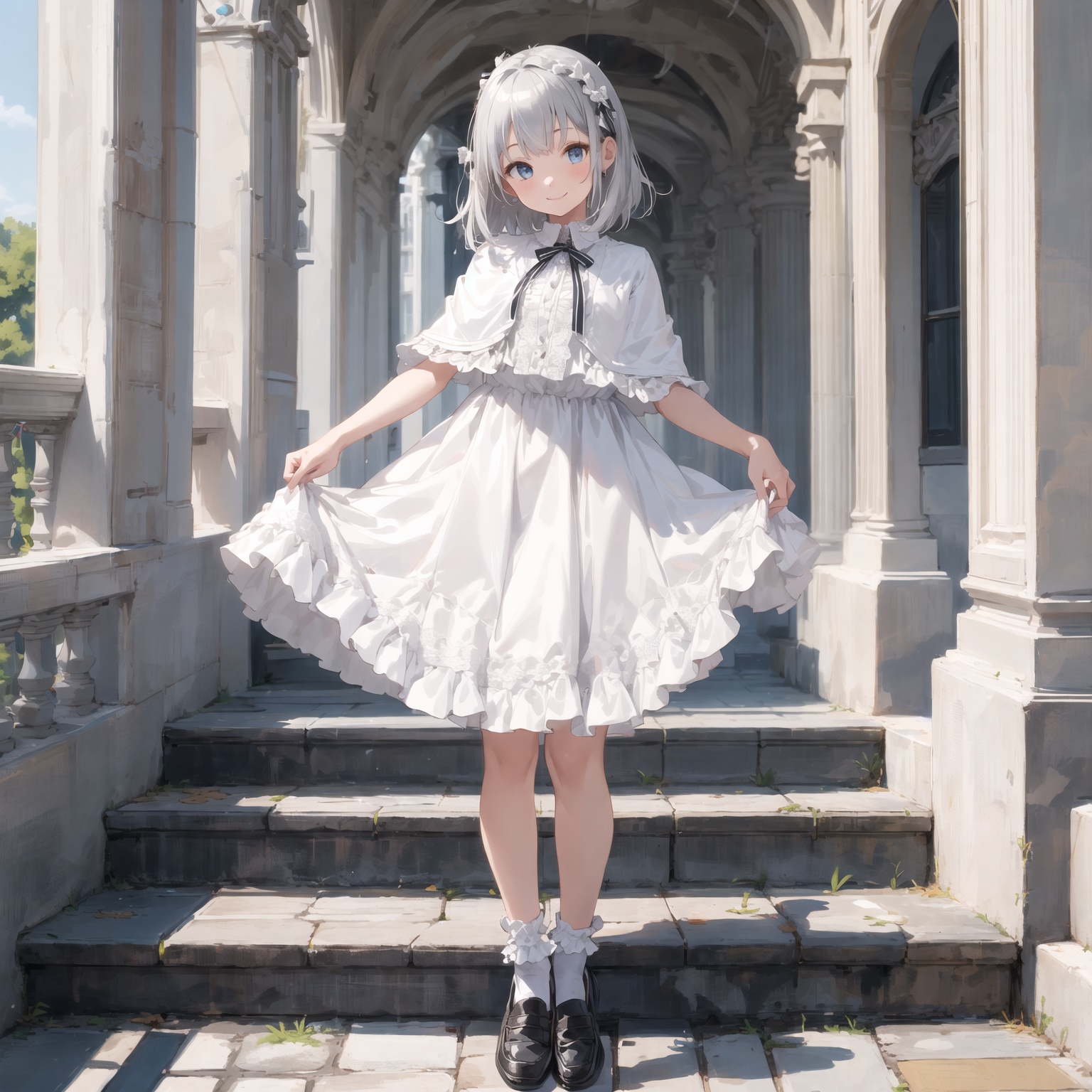 full body,  frills white dress,  white capelet on Tensor.Art