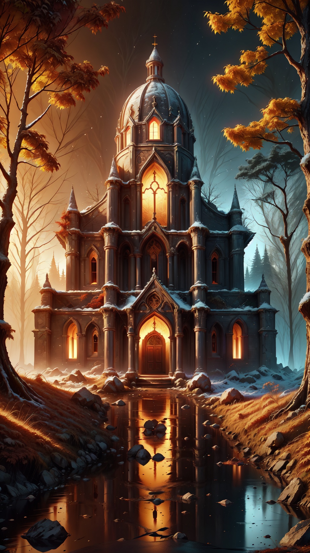 autumn clashes with winter over the ruins of an ancient monastery in a magical forest,  overgrown,  eerie by Caption Maste...