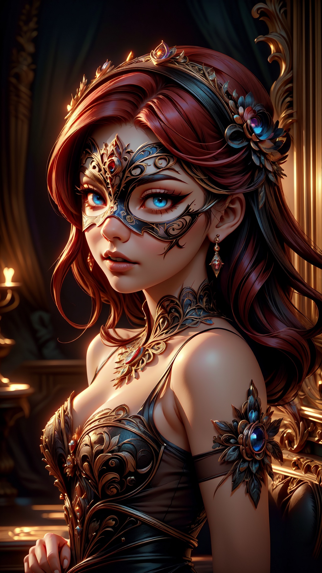 A beautiful woman at a masquerade ball,  red hair,  baroque theme by Caption Master on Tensor.Art