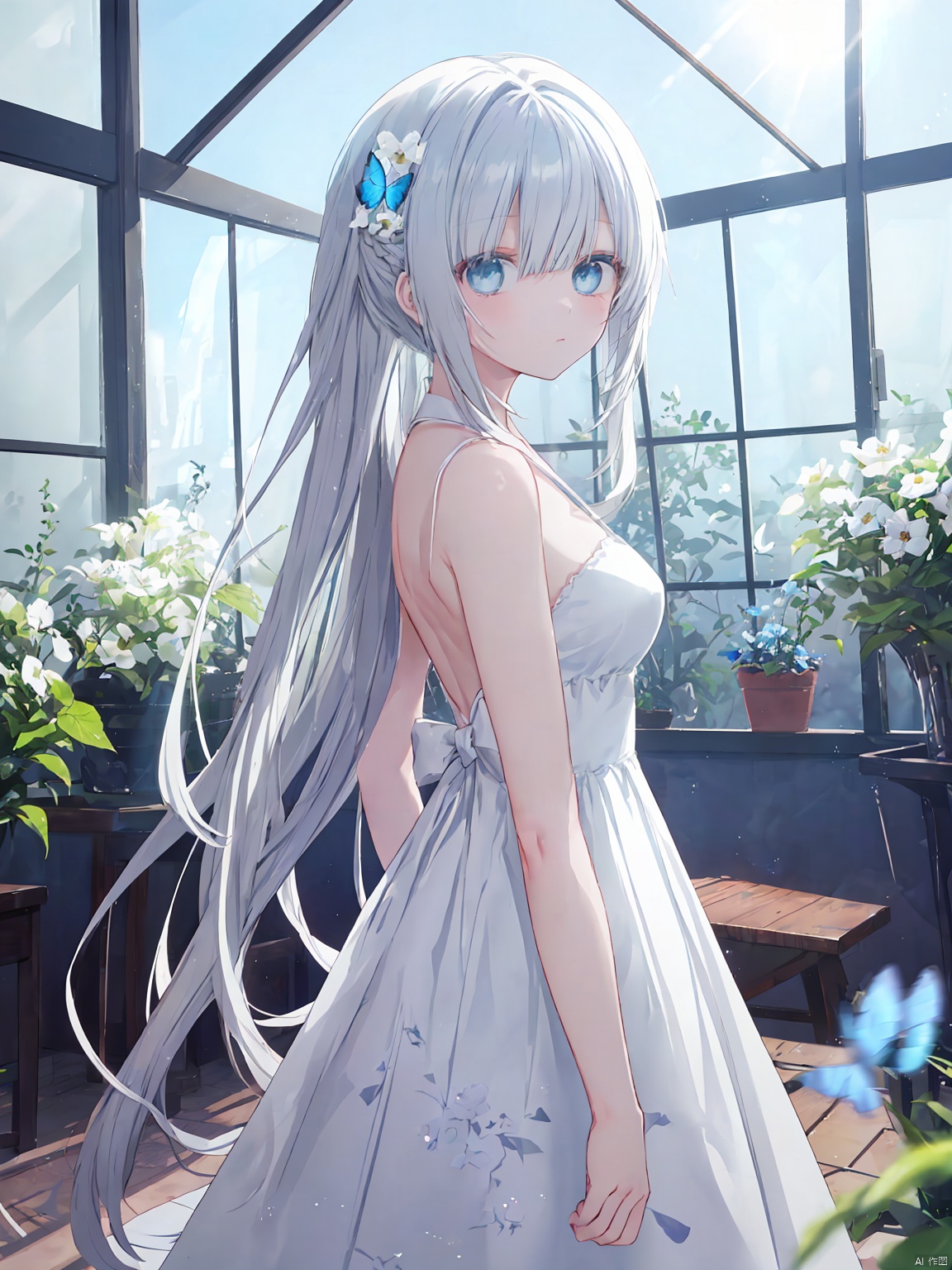 wide shot,(depth of field),global illumination,soft shadows,grand scene,backlight,lens flare,((colorful refraction)),((cinematic lighting)),in the market,from side,looking outside,with butterfly,1girl with lightblue long hair and blue aqua eyes,hair flowers,hime cut,sunlight,blurry background,blurry,White Dress,
