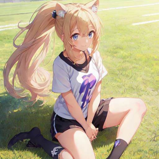 anime or cartoon of girl in purple jersey sitting on football pitch,  1girl,  solo on Tensor.Art