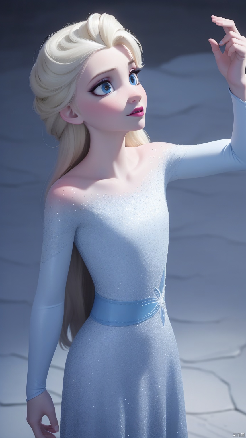 1girl,  solo,  elsa \(frozen\),  dress,  long hair,  blonde hair,  blue eyes,  looking up,  makeup,  movie tone,  blue theme,  strapless dress,<lora:EMS-255071-EMS:0.700000>