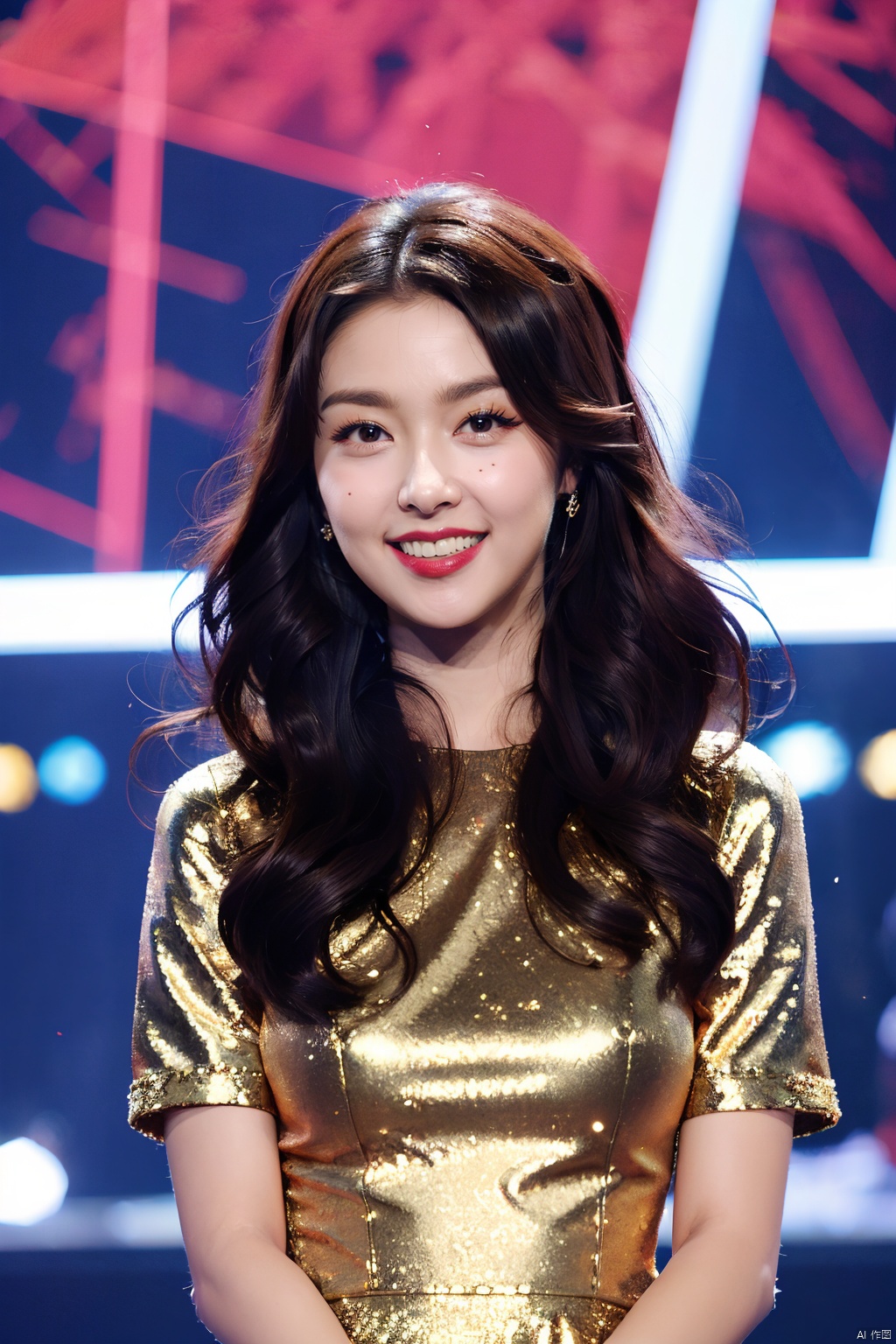 PHOTOREALISTIC REALISTIC,masterpiece,best quality,highres,ultra detailed,8k,1woman,dress,makeup,lipstick,smile,teeth,looking at viewer,cowboy shot,stage,stage light,