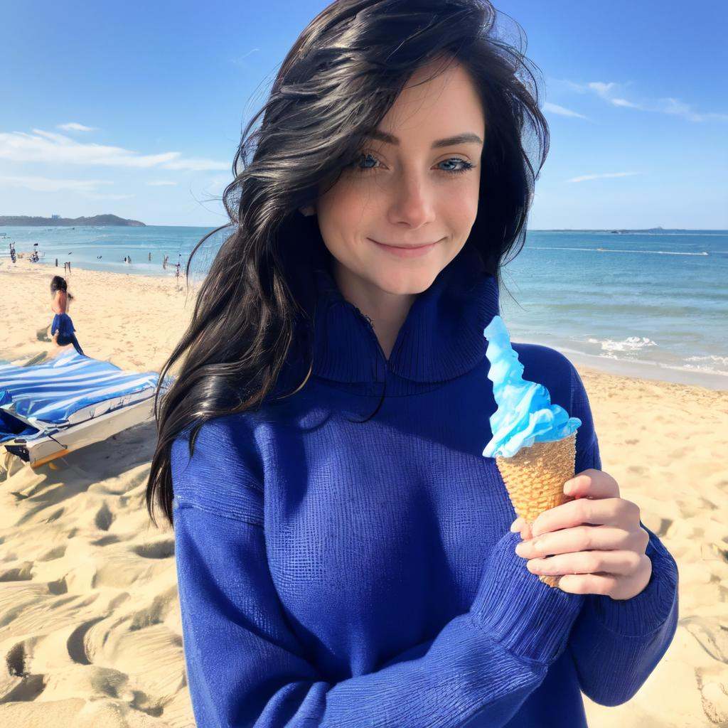 walking on the beach,  holding a ice cone with icecream,  beautiful eyes on Tensor.Art