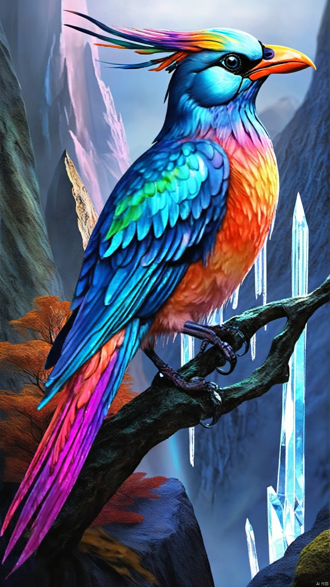 Creature (j/da) Verve (color art) (Fantasy style: 1.5) Hyper-realistic thick strokes: 1.5) (Exquisite details) The crystal-backed phantom bird lives in the Fantasy Mountains, which are filled with mysterious crystal caves and colorful spar. Their clear crystal feathers reflect the colorful light of the mountains, and to hide from predators they often blend into the surrounding crystal brilliance