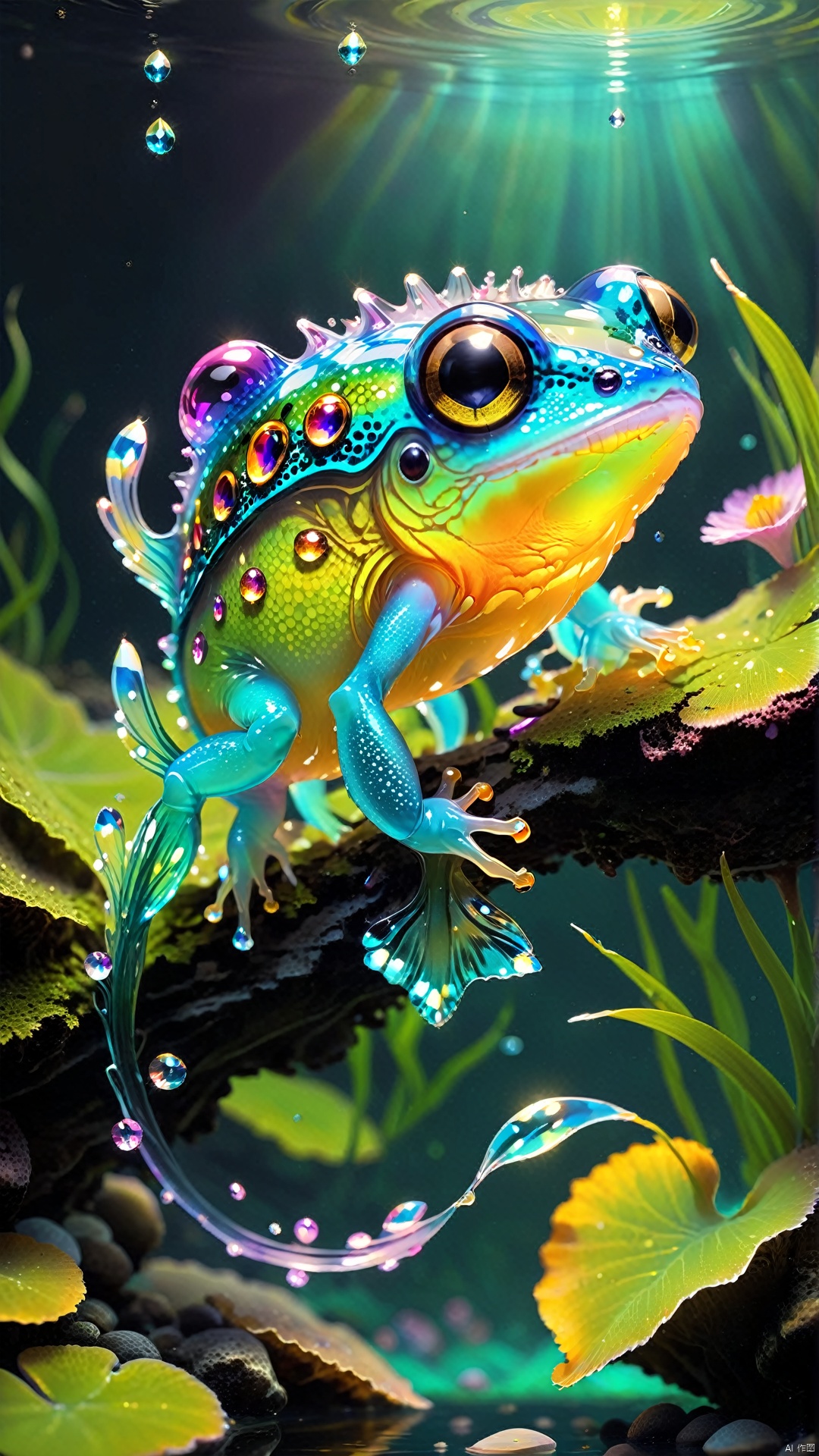 Creature (j/da) Verve (Color Art) (Fantasy Style: 1.5) (Exquisite Details) Crystal tadpoles are hatched in the fantasy spring water. They are small and transparent, and their bodies are filled with miniature colorful crystals. When they swim in the clear spring water, they release a shimmer of light, like underwater gems
