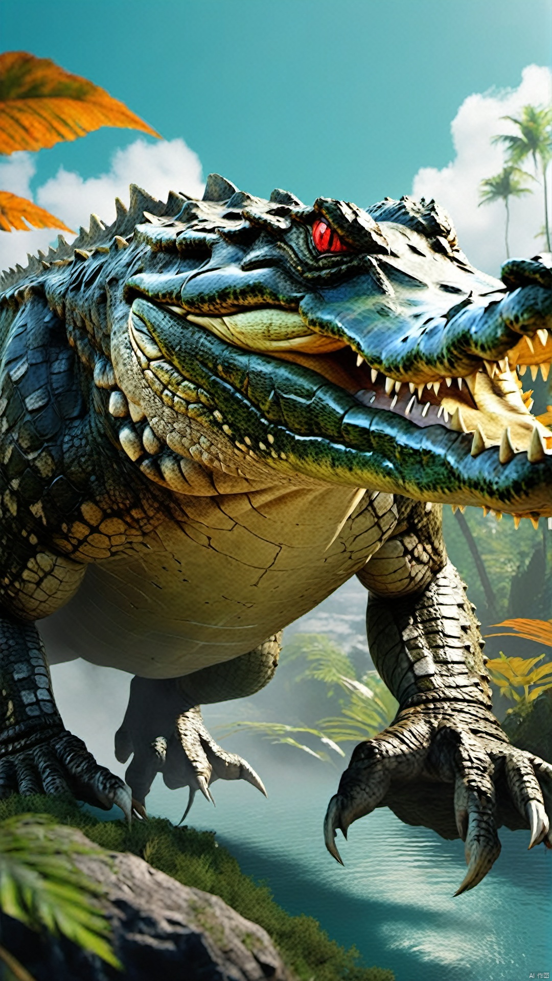 film effects, (Extreme complexity: 1.3), action gestures, (close-up of huge crocodile), (Advanced color), Fantasy style, hyper-realistic thick paint, adventure, plants throughout the sky