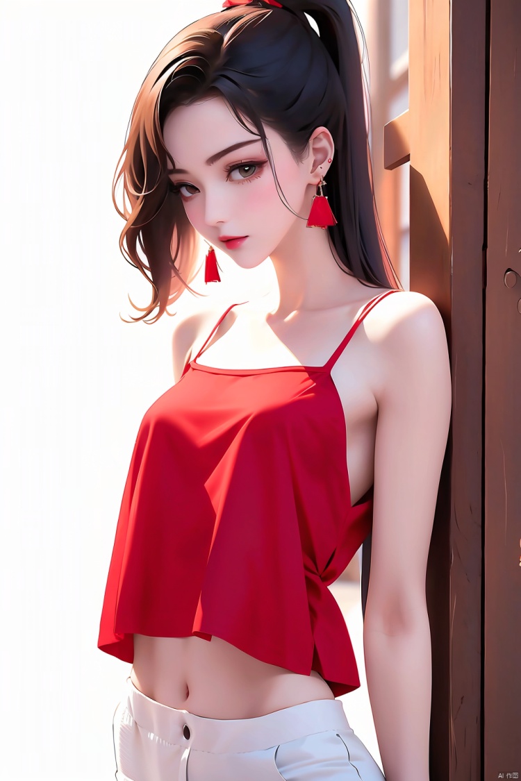  1 girl, red camisole,navel,Upper bodyr,earrings