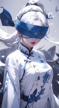  duotone white and blue,1girl,cheongsam,Embroidery,Long hair, ponytail, white hair,(blindfold),The wind blows, close-up,