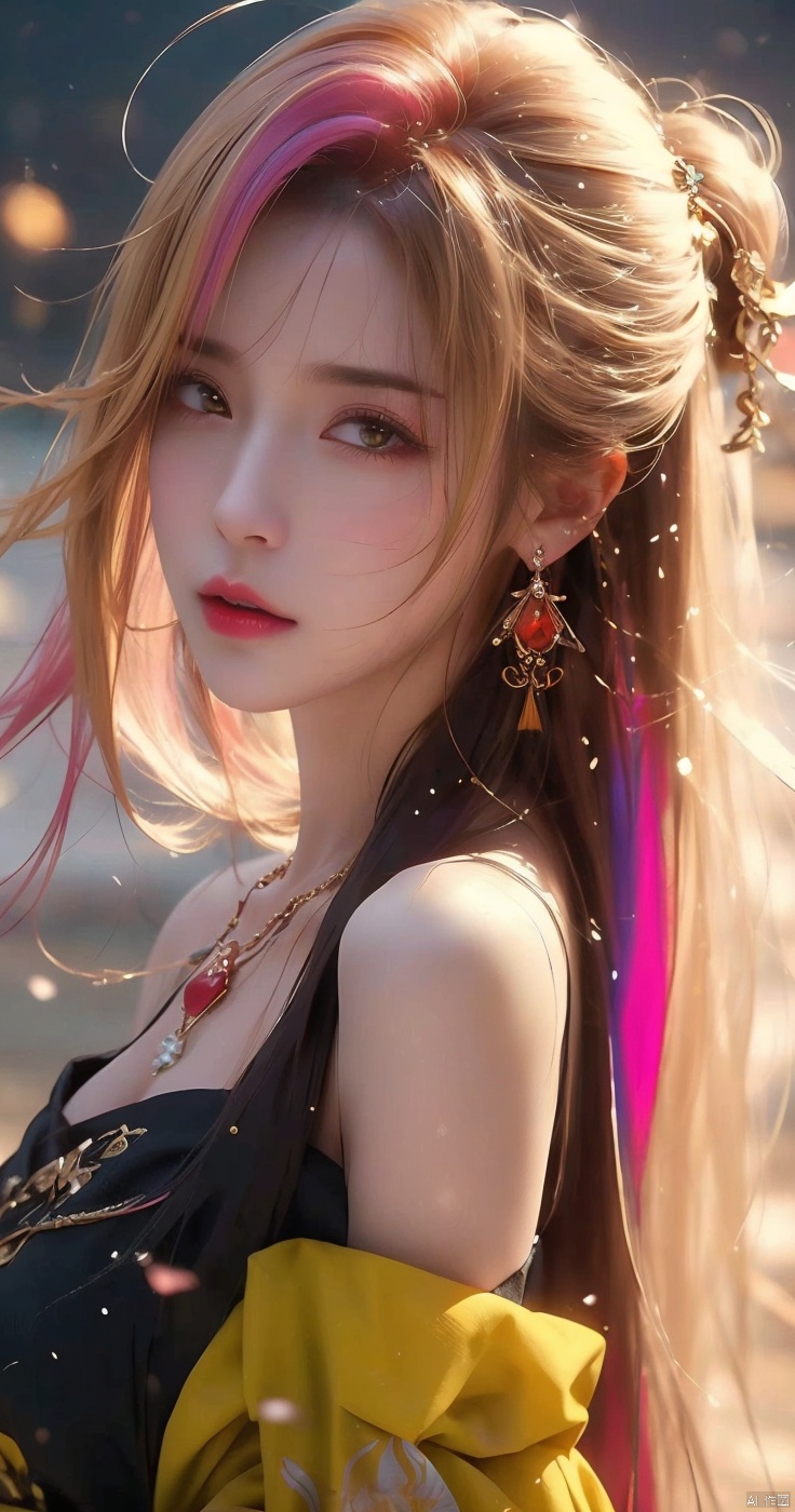  1girl,Bangs, off shoulder, colorful_hair, ((colorful hair)),golden dress, yellow eyes, chest, necklace, pink dress, earrings, floating hair, jewelry, sleeveless, very long hair,Looking at the observer, parted lips, pierced,energy,electricity,magic,tifa,sssr,blonde hair,jujingyi, wangyushan, dofas