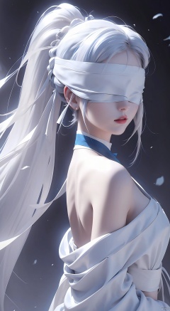  duotone white and blue,1girl,Long hair, ponytail, white hair,(blindfold),The wind blows, close-up,Off Shoulder