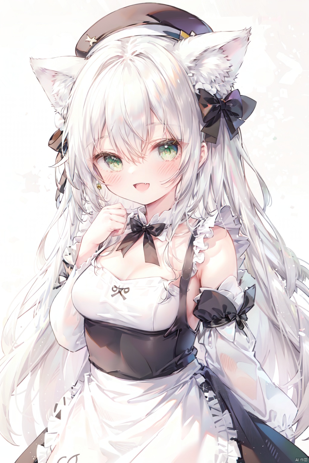 1girl, solo, animal ears, simple background, white background, smile, green eyes, animal ear fluff, long sleeves, :d, white apron, bow, dress, hat, apron, hair ornament, black headwear, black dress, hand up, long hair, very long hair, blush, fang, looking at viewer, bangs, puffy sleeves, frills, black bow, frilled apron, hair bow, waist apron, detached sleeves, hair intakes, beret, hair between eyes, breasts, cat hair ornament, jewelry, black sleeves