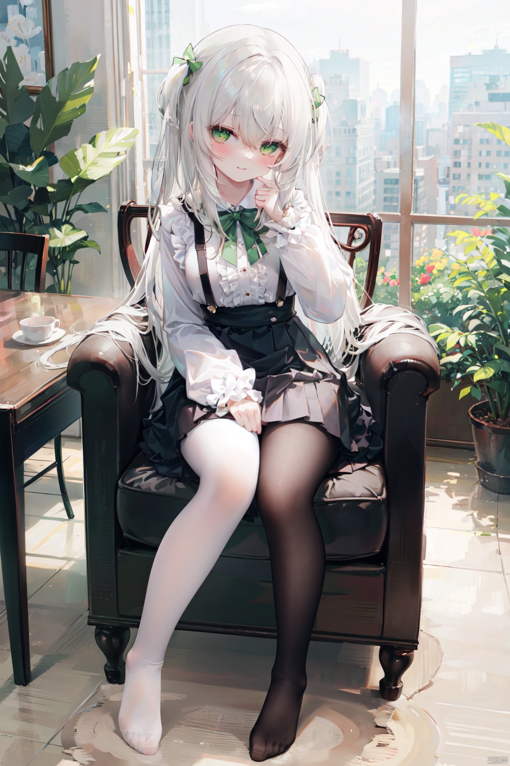 1girl, solo, pantyhose, green eyes, white pantyhose, center frills, long hair, long sleeves, frills, bow, no shoes, sitting, shirt, hair between eyes, skirt, white shirt, smile, chair, bangs, hair bow, looking at viewer, very long hair, closed mouth, blush, frilled skirt, on chair, sleeves past wrists, full body, indoors, black skirt, suspender skirt, green theme, green bow, white bow, feet, plant, white hair, puffy long sleeves, day, suspenders