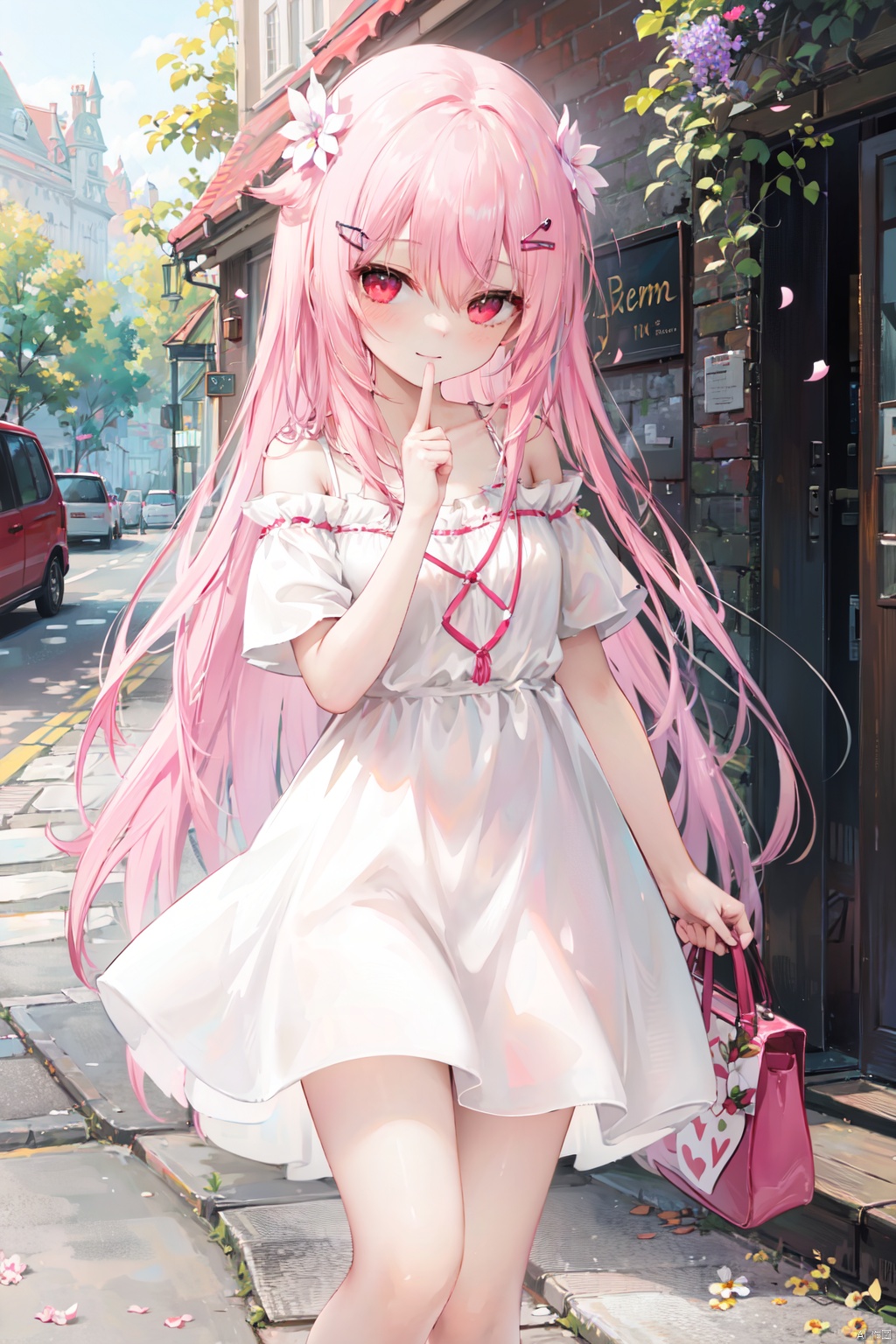 1girl, solo, long hair, pink hair, very long hair, bangs, outdoors, dress, hair ornament, smile, finger to mouth, white dress, hair between eyes, looking at viewer, short sleeves, blush, closed mouth, pink flower, flower, hairclip, day, red eyes, shoulder bag, bag, standing, hand up, index finger raised, petals, between legs, heart