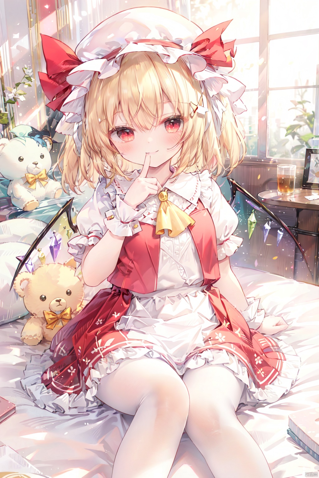 1girl, flandre scarlet, solo, red skirt, red vest, blonde hair, hat, mob cap, red eyes, vest, yellow ascot, wings, skirt, ascot, frills, short sleeves, frilled shirt collar, teddy bear, wrist cuffs, stuffed toy, puffy short sleeves, stuffed animal, looking at viewer, puffy sleeves, white headwear, sitting, crystal, shirt, one side up, finger to mouth, white shirt, pantyhose, bow, white pantyhose, indoors, smile, skirt set, bangs, red ribbon, frilled skirt, flower, on bed, red bow, bed, hat ribbon, long hair, ribbon, petticoat, white flower, blurry, hand up