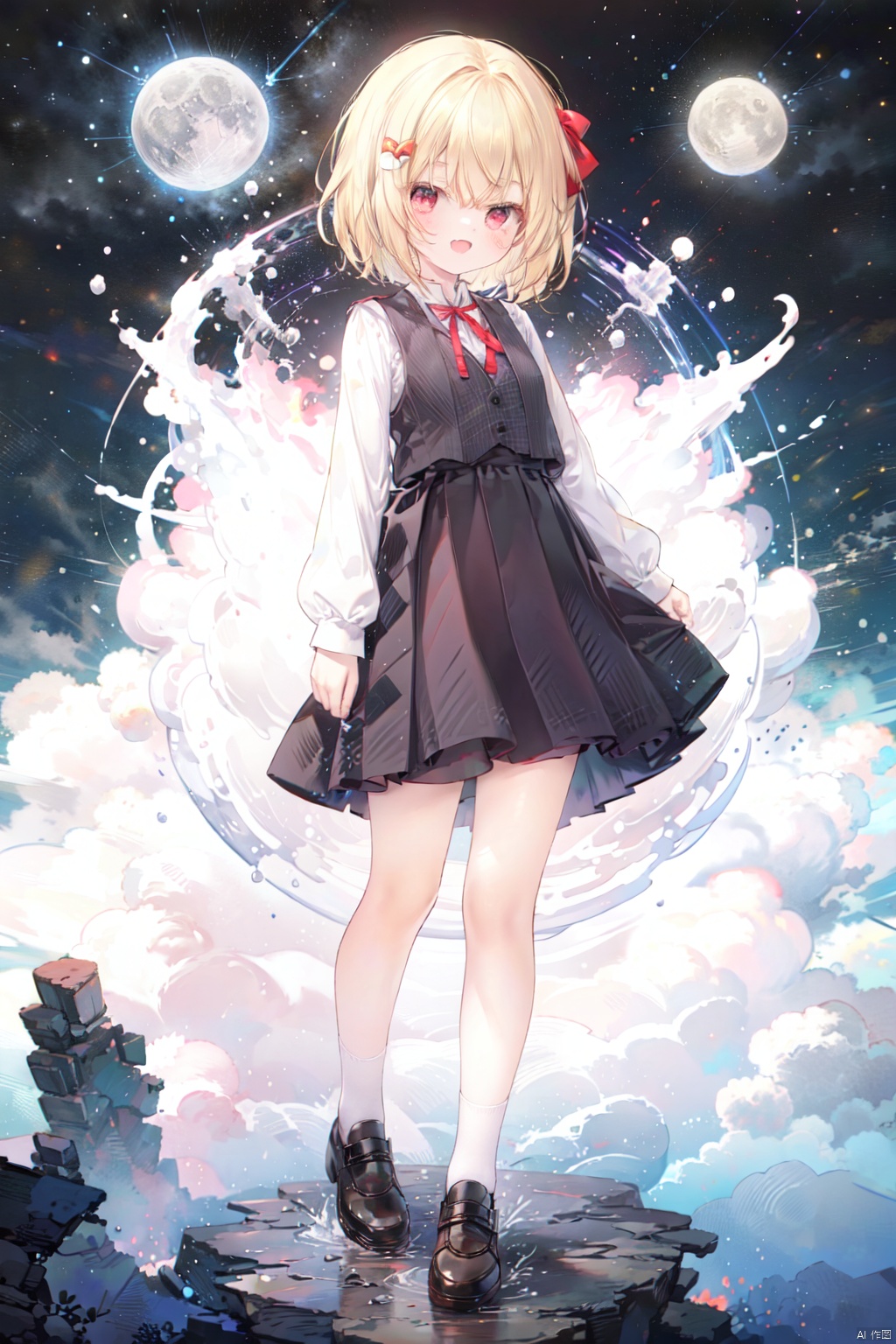 1girl, rumia, solo, blonde hair, skirt, red eyes, shirt, short hair, vest, long sleeves, black skirt, red ribbon, white shirt, ribbon, hair ribbon, black vest, frills, socks, looking at viewer, open mouth, white socks, fang, shoes, frilled skirt, mary janes, tongue, smile, moon, red footwear, bangs, skin fang