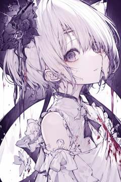 solo, monochrome, blood, looking at viewer, short hair, 1girl, purple theme, 1boy ,///////////<lora:hitokomorustyle:2>