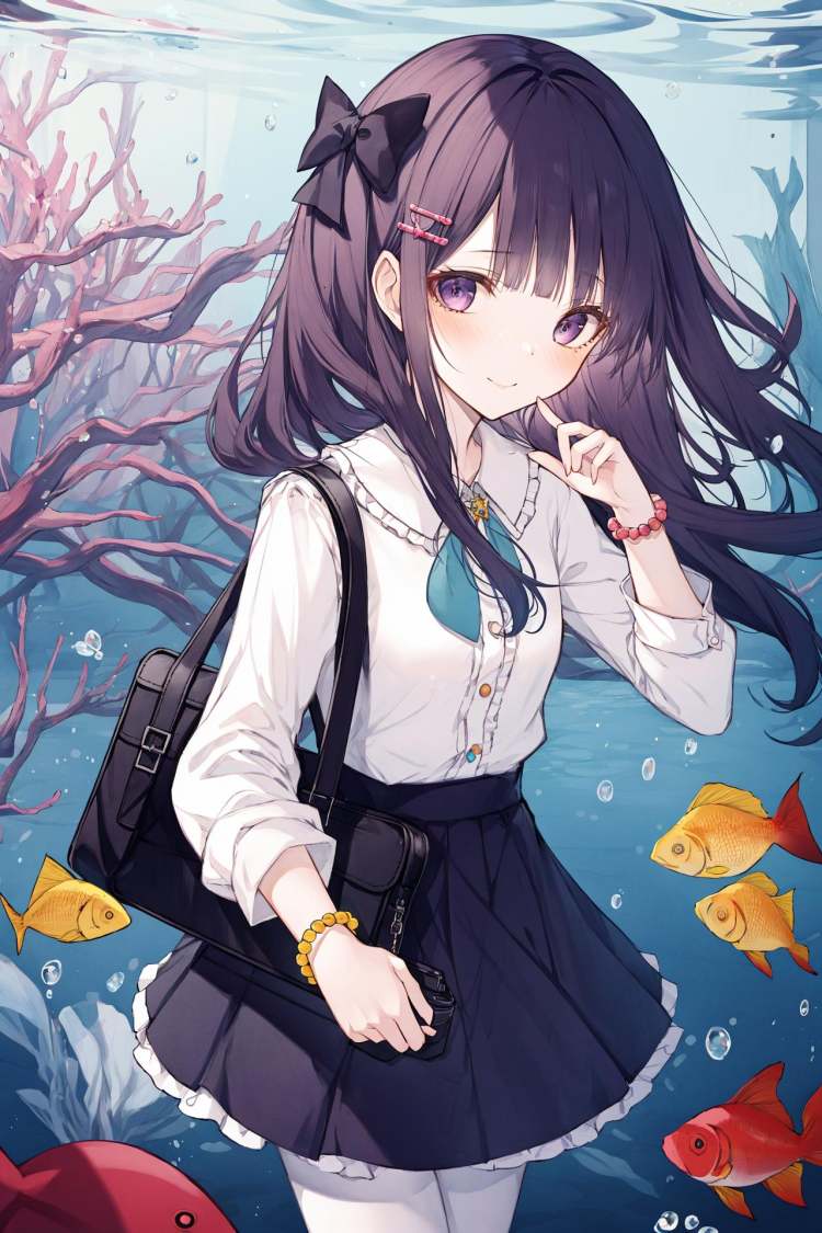 1girl, sangonomiya kokomi -shaped hair, pantyhose, solo, fish, bag, smile, bangs, beads, aquarium, bracelet, shirt, skirt, bead bracelet, long hair, looking at viewer, multicolored hair, long sleeves, purple eyes, pink hair, index finger raised, jewelry, handbag, blue skirt, casual, frills, blunt bangs, blue hair, alternate costume, white shirt, hand up, shoulder bag, black pantyhose, hair ornament, gradient hair, closed mouth, water, blush, contemporary, very long hair, cowboy shot  ,///////////<lora:hitokomorustyle:2>