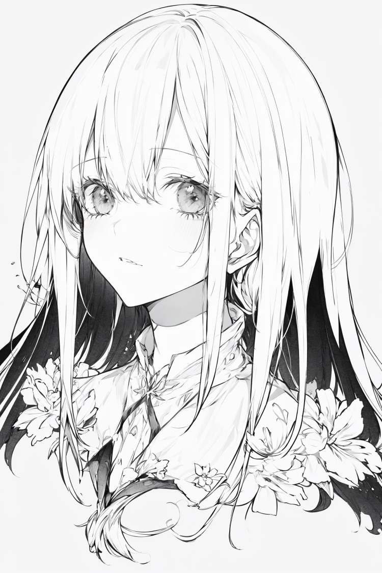 monochrome, solo, long hair, 1girl, greyscale, looking at viewer, white background, simple background, bangs ,///////////<lora:hitokomorustyle:2>