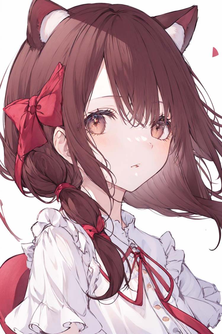 1girl, solo, long hair, animal ears, looking at viewer, brown eyes, blush , brown hair, upper body, parted lips, bangs, ribbon , dress, white dress ,///////////<lora:hitokomorustyle:2>