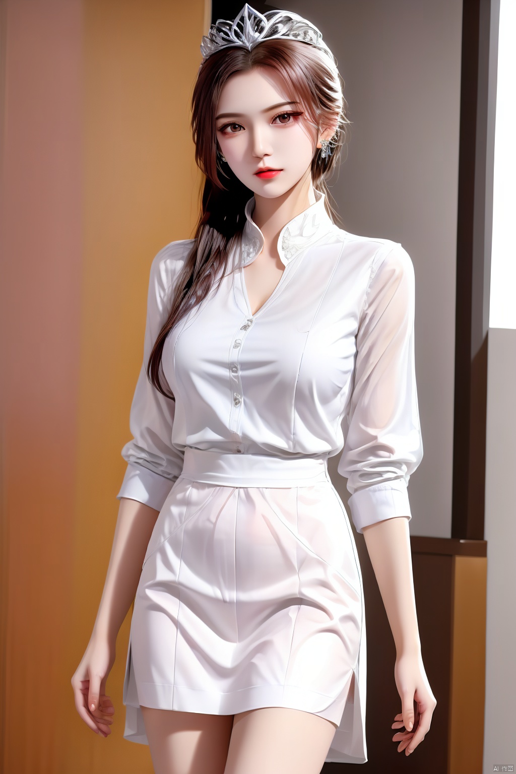1girl, bibidong,  brown hair, solo, skirt, shirt, long hair, looking at viewer, tiara, white shirt, see-through, brown eyes, white skirt, earrings