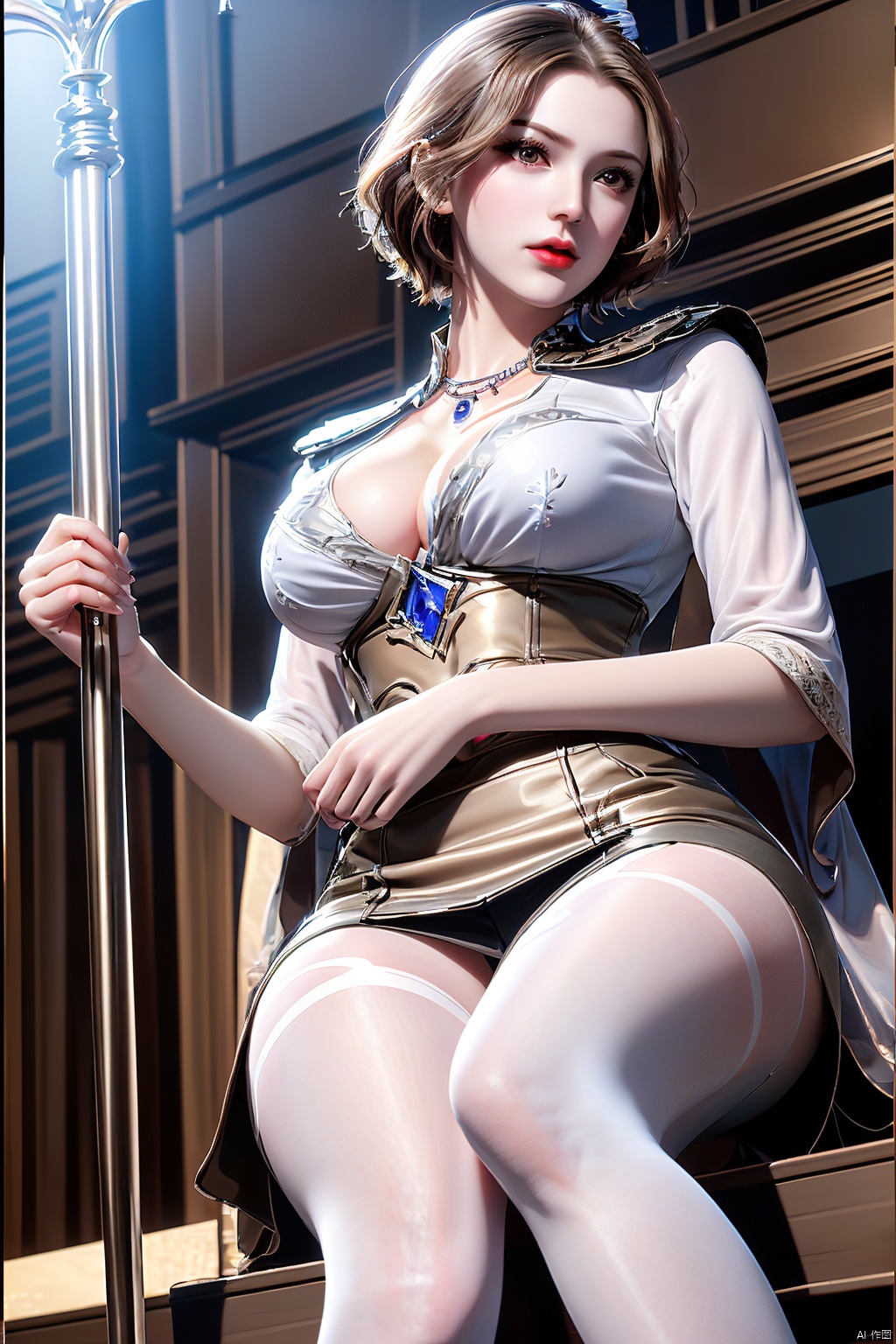 1girl, bibidong,  solo, breasts, brown hair, jewelry, thighhighs, sitting, necklace, red lips, short hair, brown eyes, indoors, cleavage, large breasts, skirt, lips, pantyhose