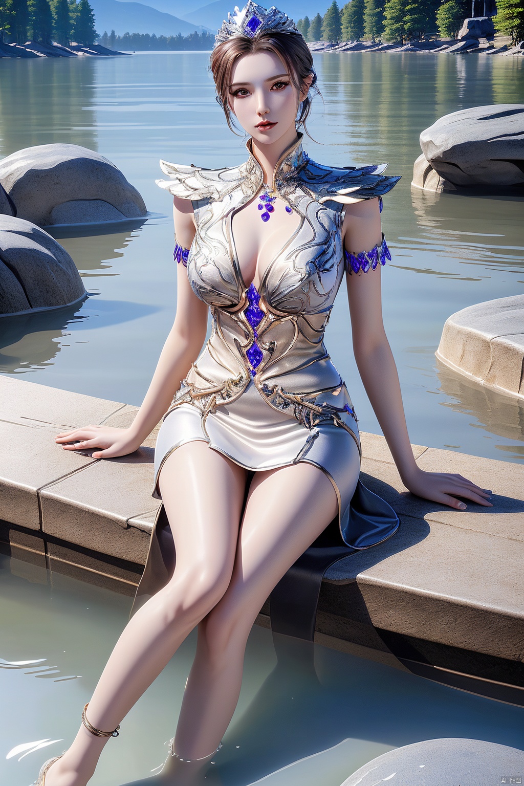  1girl, bibidong, sitting, water, brown hair, rock, dress, bare legs, jewelry, looking at viewer, breasts, solo, legs