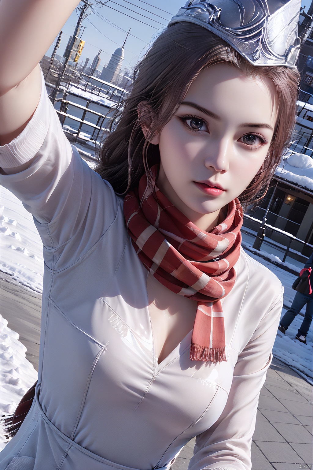 1girl, bibidong,  scarf, red scarf, looking at viewer, brown hair, breasts, outdoors, brown eyes, long hair, crown, arm up, cleavage, solo focus, lips, day, realistic, upper body, forehead, striped, snow, closed mouth, medium breasts