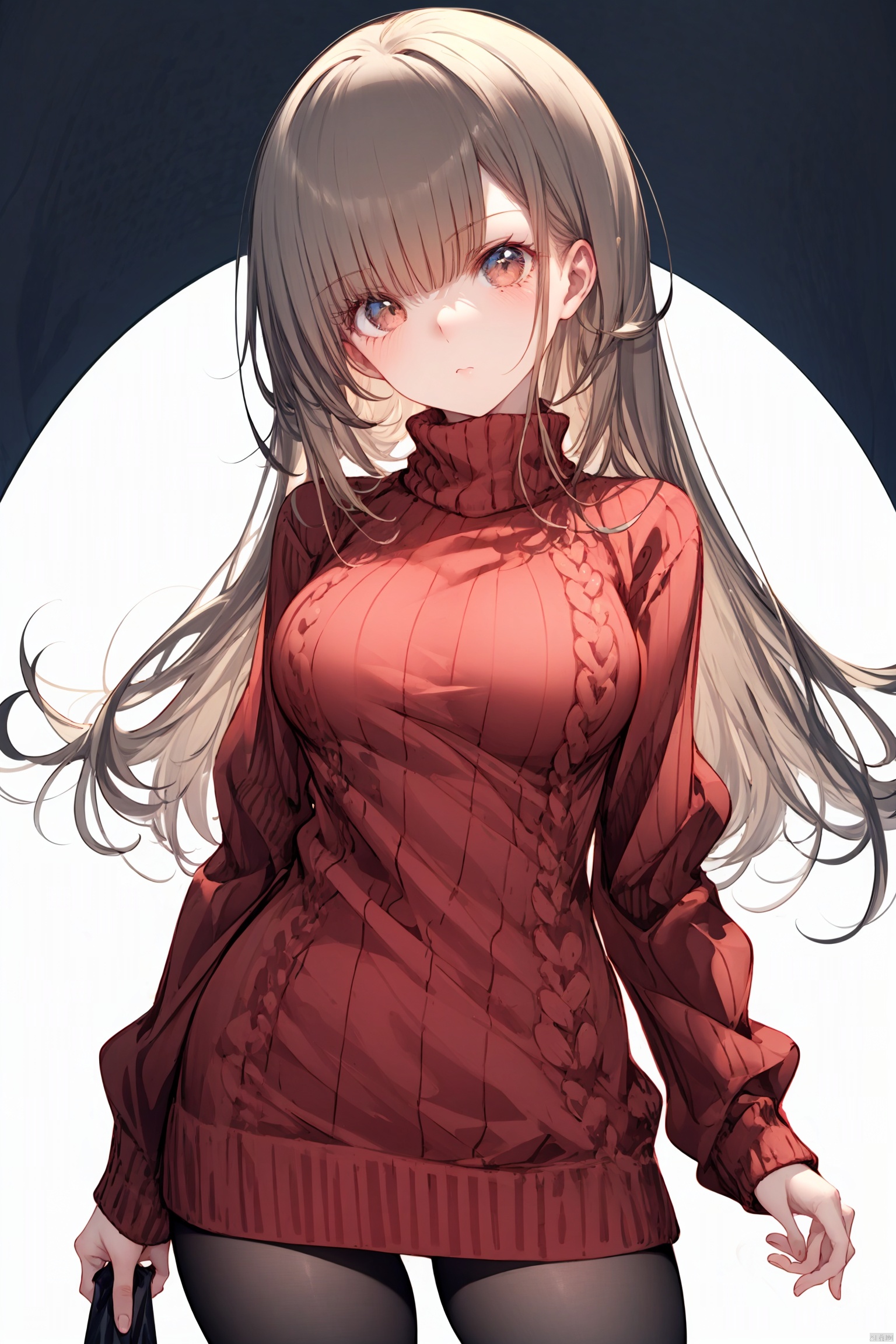 masterpiece,best quality,simple background,white background;1mature girl,tender wifely,young milf,cheerful,solo.//beautiful detailed face,detailed eyes,brown hair,pale face,long hair,bangs,brown eyes,medium breasts,turtlenecks sweater,sweater clothes,pantyhose;looking at viewer,sexually suggestive,charming,perfect female body;standing,cowboy shot,