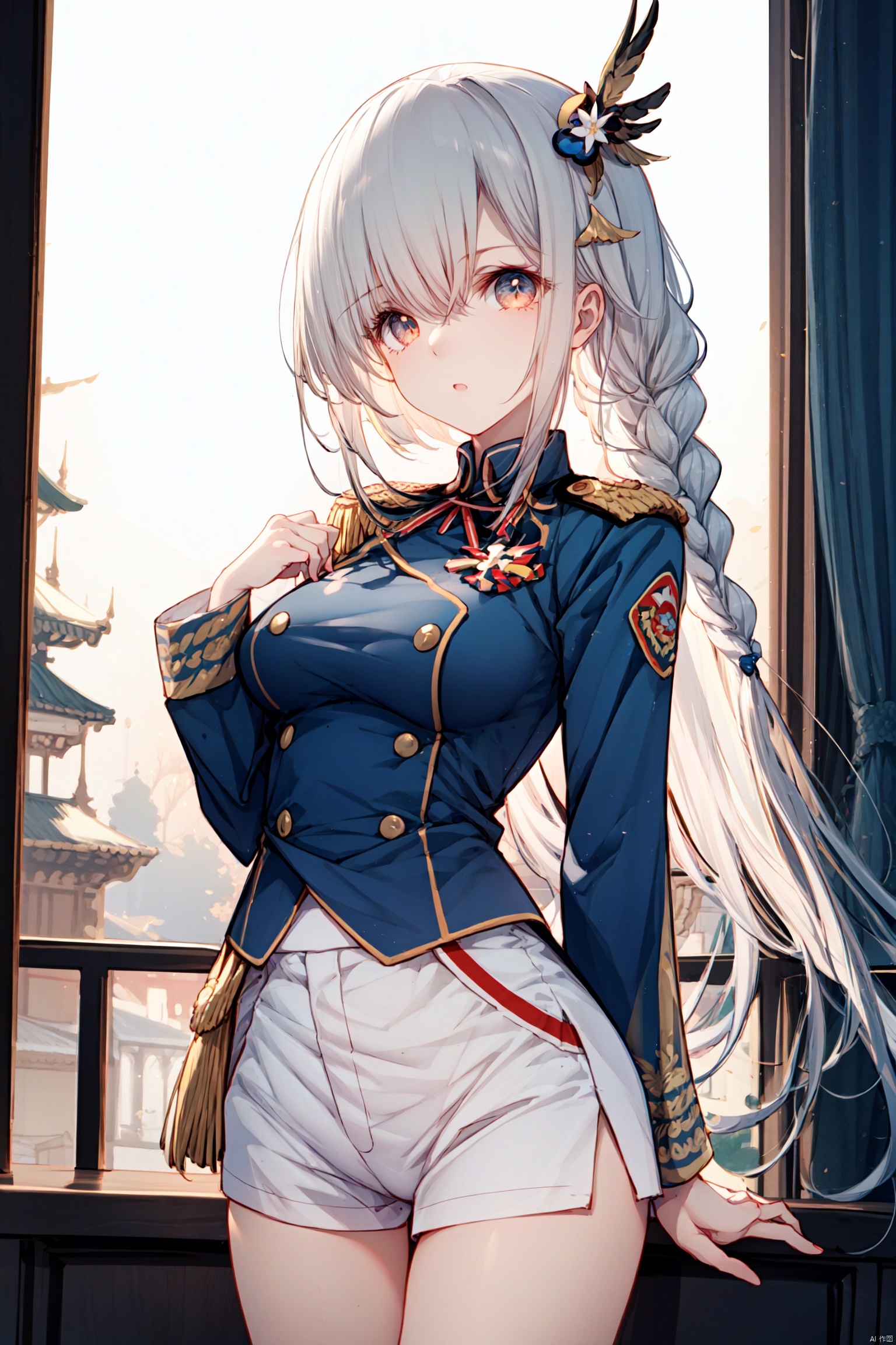  (1girl,solo),tender wifely.detailed hair,hair_between_eyes,braid,flaxen long hair;delicate azure eyes;beautiful detailed face,feathers hair ornament,white military uniform,white short pants;slender,medium breasts,perfect female body;looking at viewer,standing.
