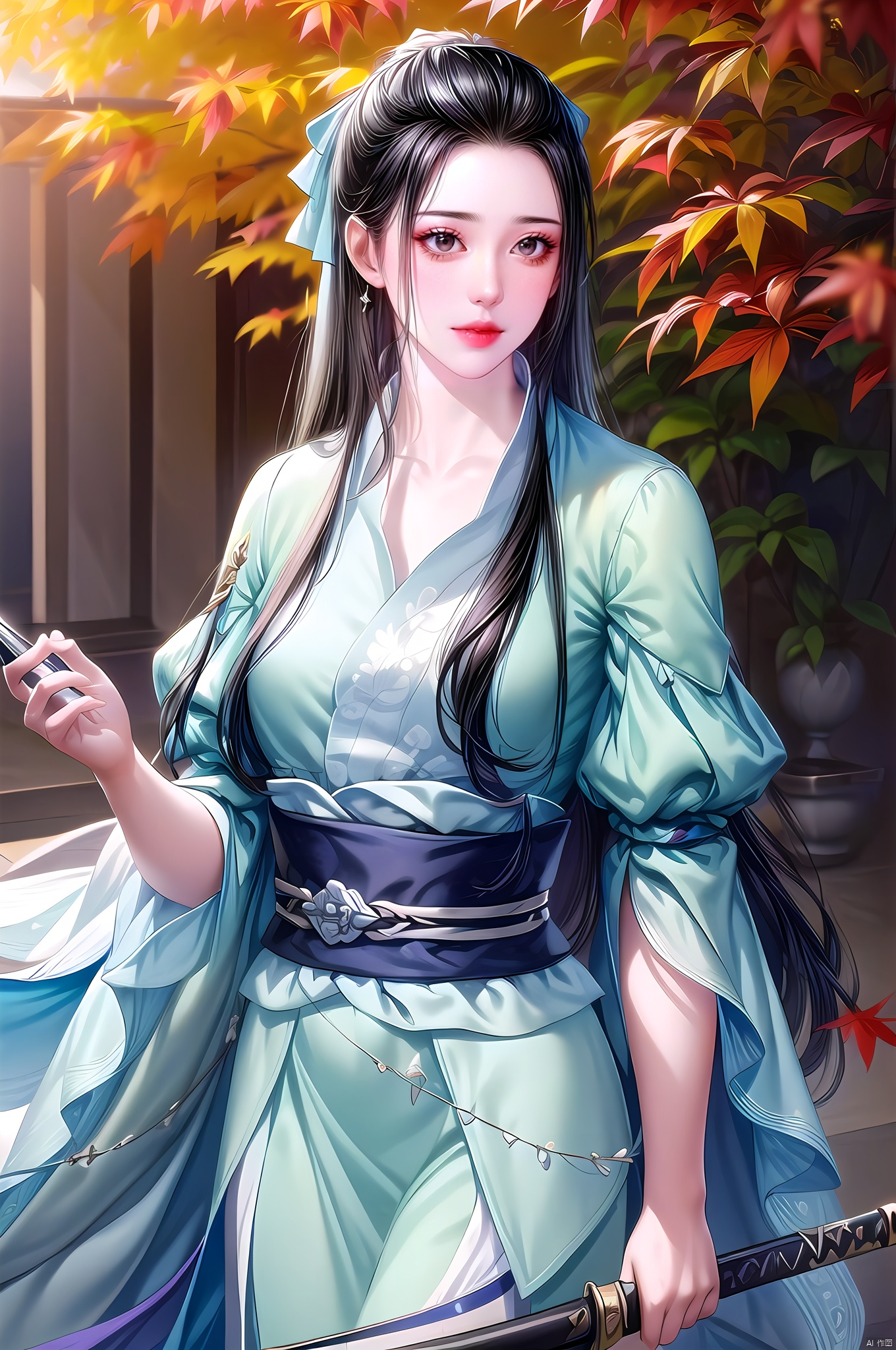 Qishuang, solo, long hair, black hair, leaf, weapon, 1girl, autumn leaves, maple leaf, sword, upper body, looking at viewer, holding, brown eyes,nice hands, perfect balance, looking at viewer, closed mouth, (Light_Smile:0.3), official art, extremely detailed CG unity 8k wallpaper, perfect lighting, Colorful, Bright_Front_face_Lighting, White skin, (masterpiece:1), (best_quality:1), ultra high res, 4K, ultra-detailed, photography, 8K, HDR, highres, absurdres:1.2, Kodak portra 400, film grain, blurry background, bokeh:1.2, lens flare, (vibrant_color:1.2), professional photograph,  (narrow_waist), dark studio, , Qishuang