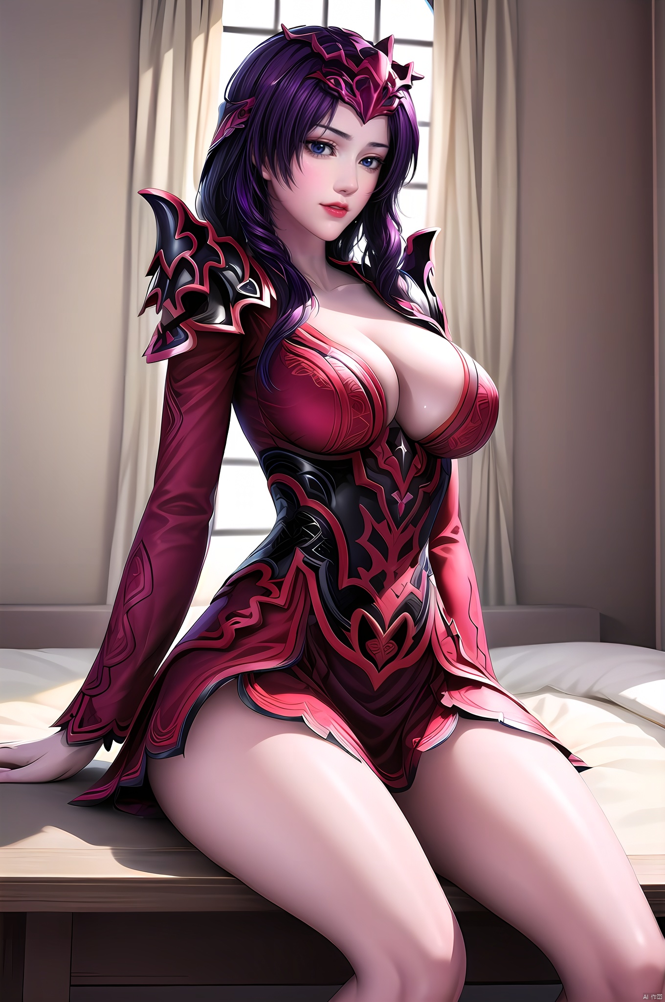 Hongji, 1girl, solo, breasts, cleavage, blue eyes, armor, purple hair, black hair, large breasts, (sitting,cowboy_shot:1.5) ,(looking_at_viewer:1.5),nice hands, perfect balance, looking at viewer, closed mouth, (Light_Smile:0.3), official art, extremely detailed CG unity 8k wallpaper, perfect lighting, Colorful, Bright_Front_face_Lighting, White skin, (masterpiece:1), (best_quality:1), ultra high res, 4K, ultra-detailed, photography, 8K, HDR, highres, absurdres:1.2, Kodak portra 400, film grain, blurry background, bokeh:1.2, lens flare, (vibrant_color:1.2), professional photograph,  (narrow_waist), dark studio, , Mora, Hongji