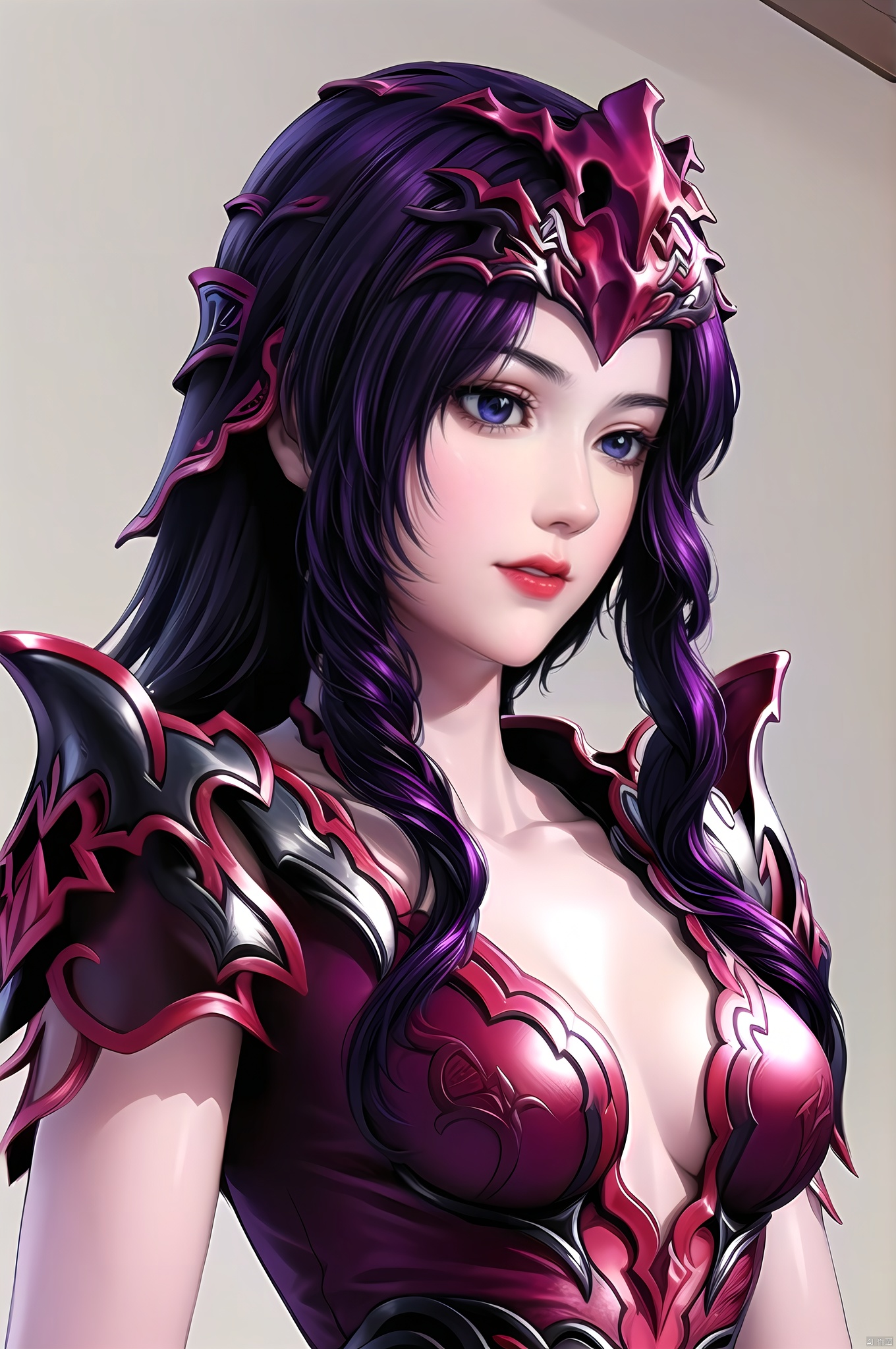 Hongji, 1girl, solo, armor, purple hair, breasts, cleavage, long hair, simple background, white background, upper body, purple eyes, lips, blue eyes, medium breasts, shoulder armor, parted lips,nice hands, perfect balance, looking at viewer, closed mouth, (Light_Smile:0.3), official art, extremely detailed CG unity 8k wallpaper, perfect lighting, Colorful, Bright_Front_face_Lighting, White skin, (masterpiece:1), (best_quality:1), ultra high res, 4K, ultra-detailed, photography, 8K, HDR, highres, absurdres:1.2, Kodak portra 400, film grain, blurry background, bokeh:1.2, lens flare, (vibrant_color:1.2), professional photograph,  (narrow_waist), dark studio, , Mora, Hongji