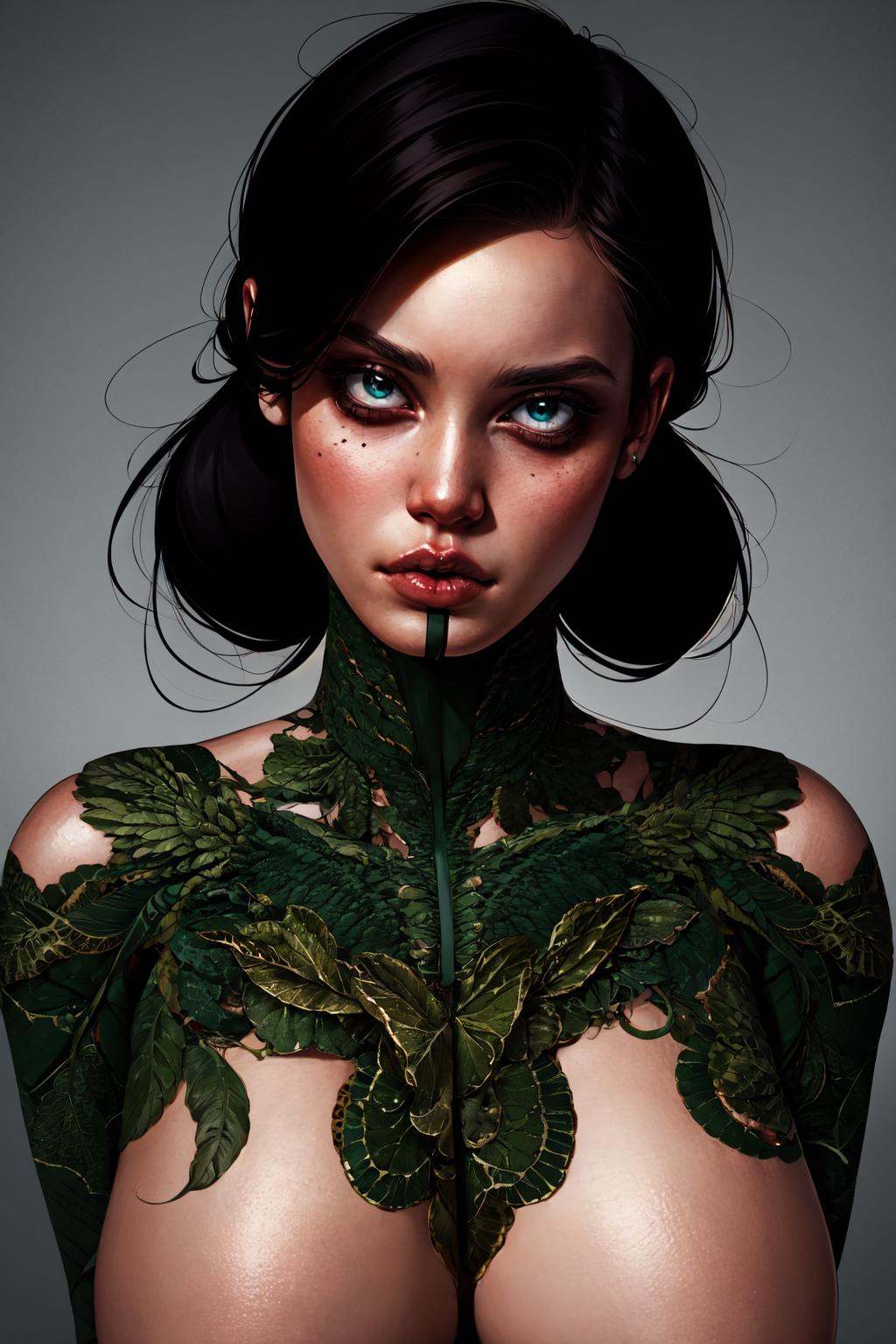 1girl,  black hair,  green dragon tattoo on the neck on Tensor.Art