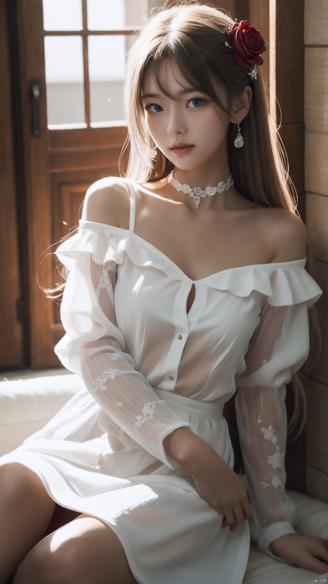  1girl, solo, red flower, flower, blue eyes, long hair, holding flower, holding, rose, dress, petals, hair ornament, red rose, lying, long sleeves, white hair, on back, white dress, looking at viewer, choker, parted lips, bare shoulders, blush, bangs, off shoulder, black choker, hair flower, off-shoulder dress, very long hair, collarbone, puffy long sleeves, puffy sleeves, rose petals, hair between eyes,eyesseye, dofas, crystal, yunbin
, Fashion Style, Nebula, pld