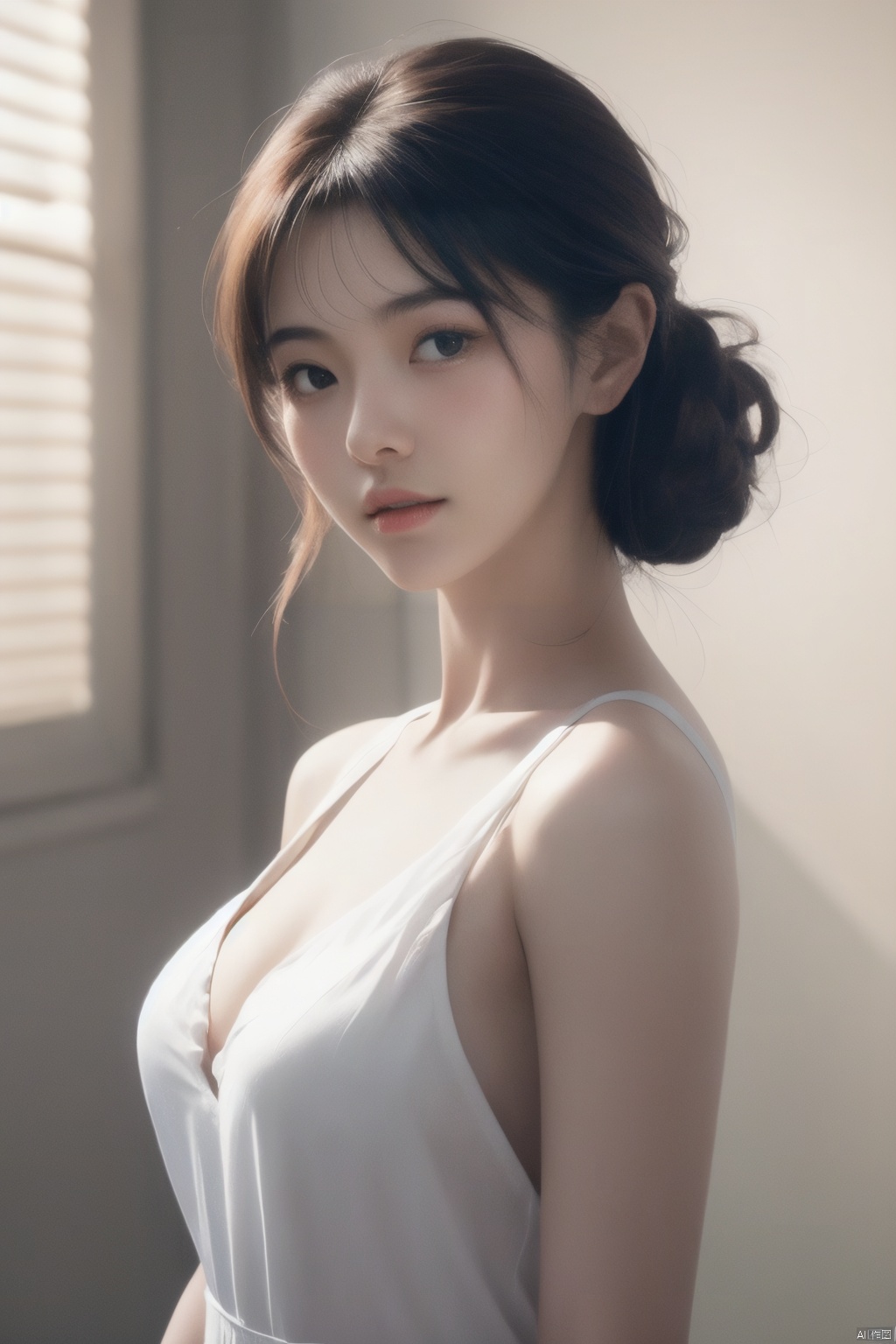 1girl, 1girl, looking at viewer, RAW photo, photorealistic:1.37, realistic, highly detailed CG unified 8K wallpapers, thick body:1.1, straight from front, HQ skin:1.8, shiny skin, 8k uhd, Fujifilm XT3, professional lighting:1.6, Immaculate skin, jujingyi, Cowboy lens, Upper body, soft lighting, film grain, high quality, white dress, bra, big boobs, white_skin, film sense, grainy,,,