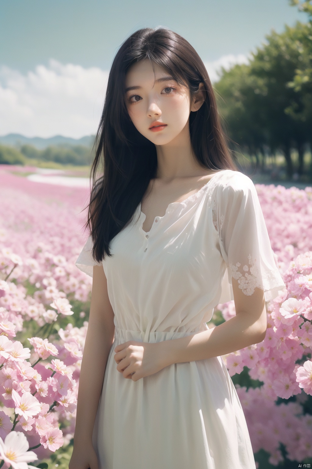  (nature:1.1), flower field, standing, sky, (petals:1.21), (flower:1.1), (masterpiece:1.1), (best quality:1.21), (ray tracing:1.331), (illustration:1.21), outdoors,  1girl, solo, long hair, upper body, white dress, straight-on,1girl, pld