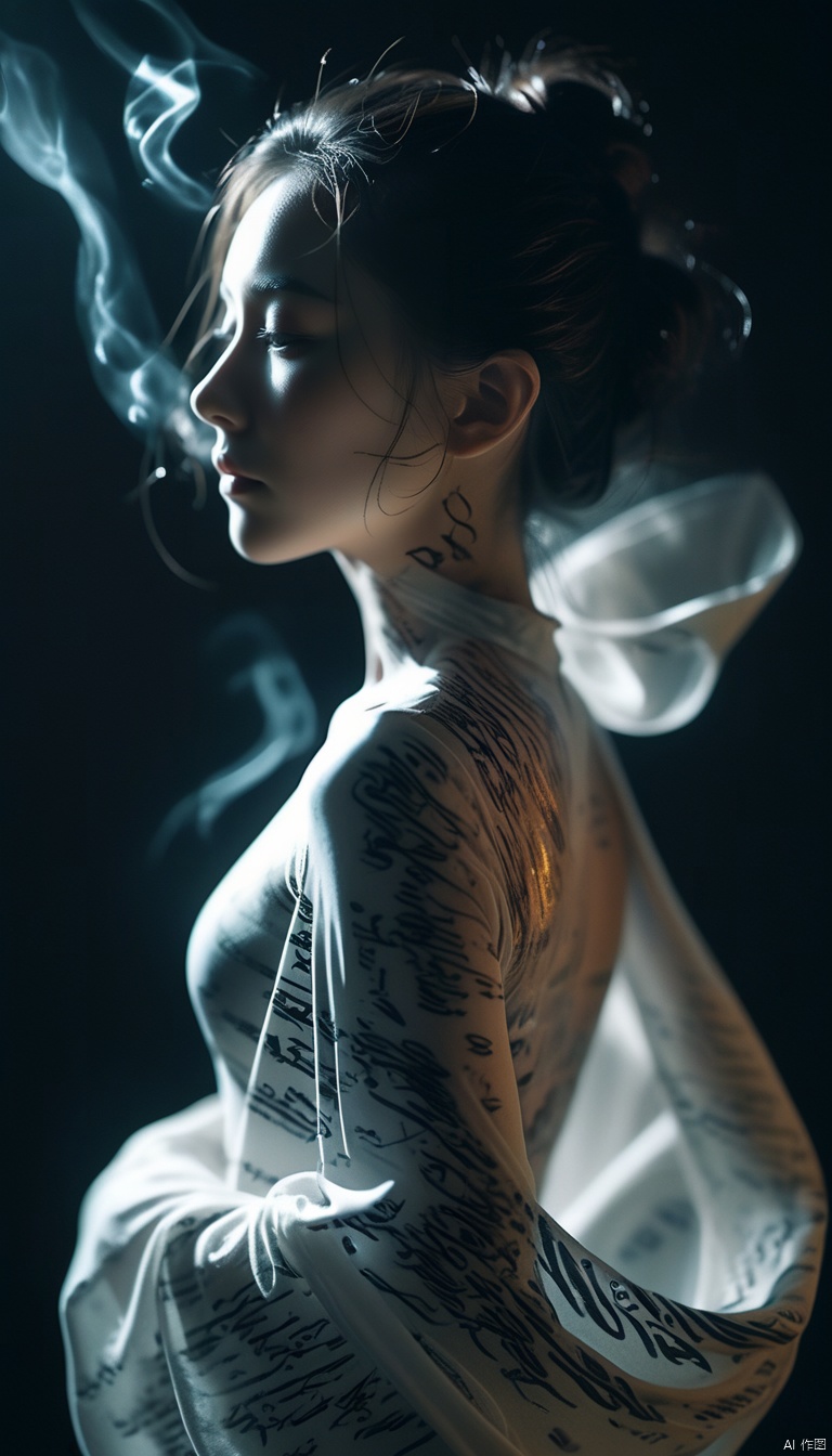  Double Exposure Style,Volumetric Lighting,a girl with Wrap top,arching her back,Traditional Attire,Artistic Calligraphy and Ink,light depth,dramatic atmospheric lighting,Volumetric Lighting,double image ghost effect,image combination,double exposure style,