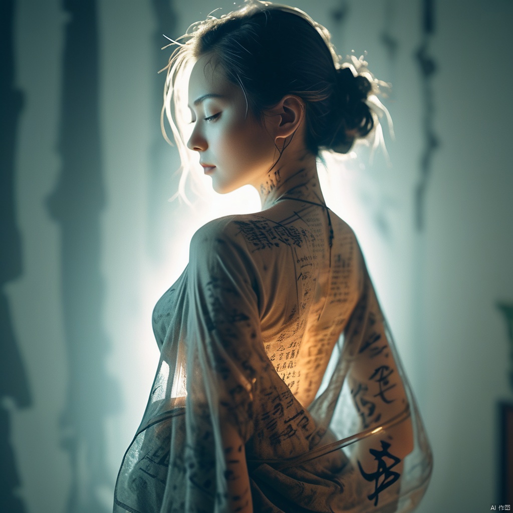  Double Exposure Style,Volumetric Lighting,a girl with Wrap top,arching her back,Traditional Attire,Artistic Calligraphy and Ink,light depth,dramatic atmospheric lighting,Volumetric Lighting,double image ghost effect,image combination,double exposure style,