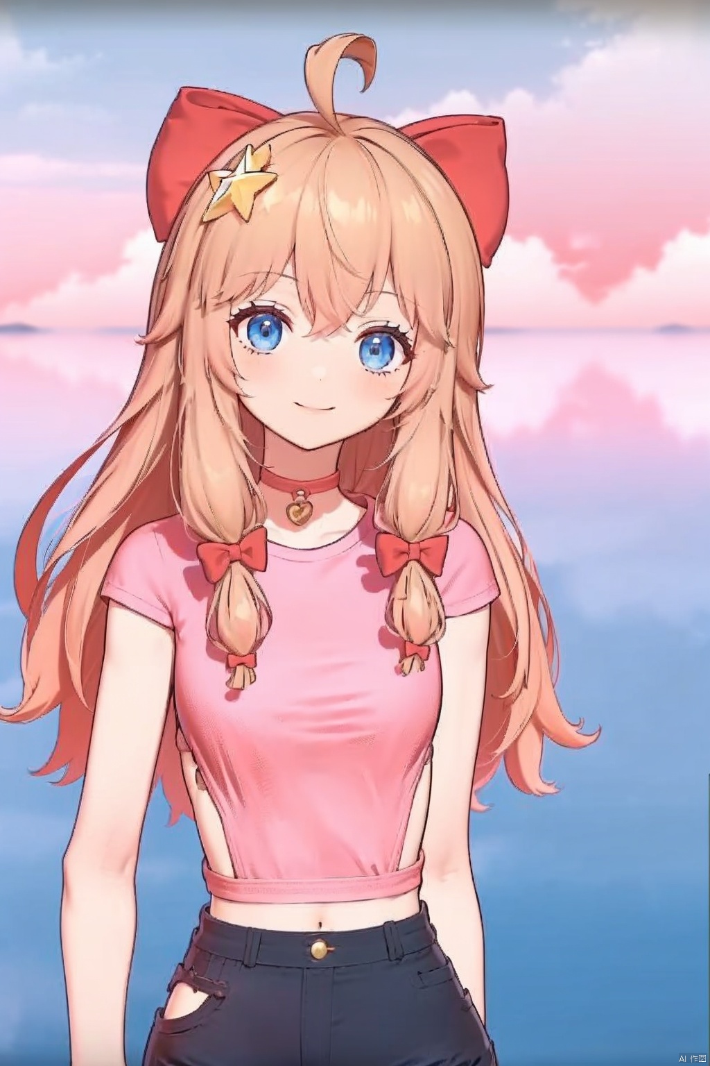 饿肚肚,1girl, solo, shirt, blue eyes, star \(symbol\), long hair, bow, pink shirt, hair bow, hair ornament, shorts, ahoge, brown hair, smile, star hair ornament, red bow, closed mouth, high-waist shorts, short sleeves, black shorts, bangs, sky, outdoors, ocean, cloud, virtual youtuber