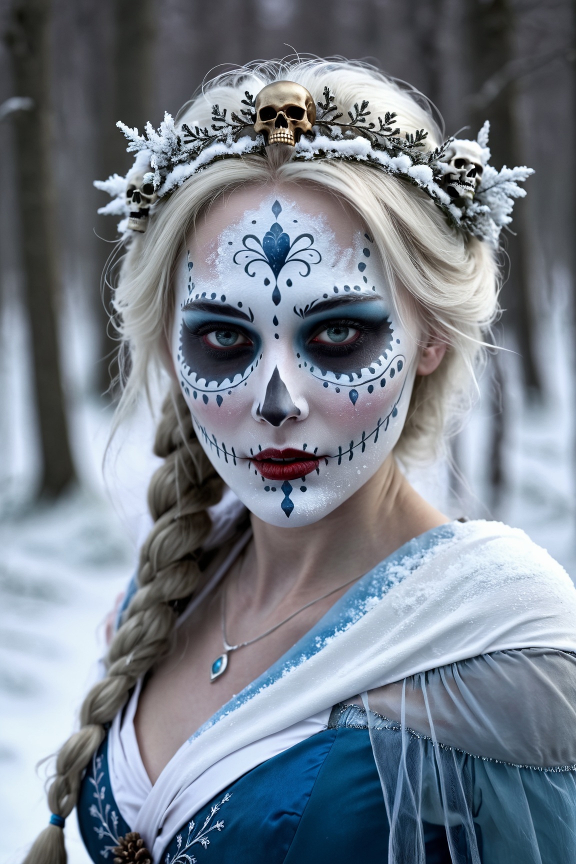 women,  dressed as a snow maiden,  skull on face on Tensor.Art